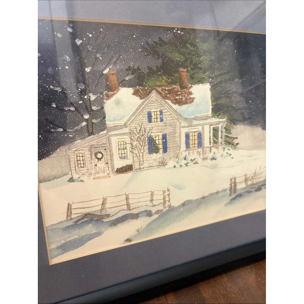 Framed Winter Cottage Watercolor 15x12.5” Signed